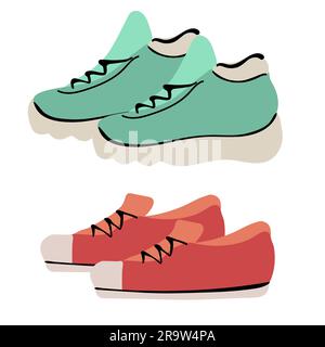 Vector illustration. Pair red textile sneaker with rubber toe and loose lacing. Hand drawn print with contour. Shoes of modern teenagers skaters Stock Vector