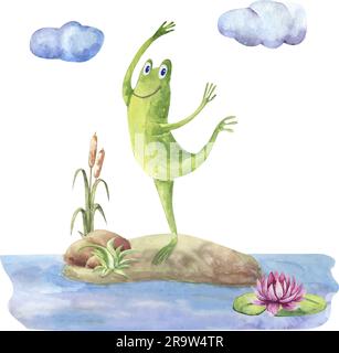 Funny frog dancing on the lawn. Watercolor children s illustration. Cartoon. Stock Vector