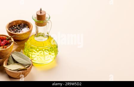 Various dried spices and olive oil with copy space Stock Photo