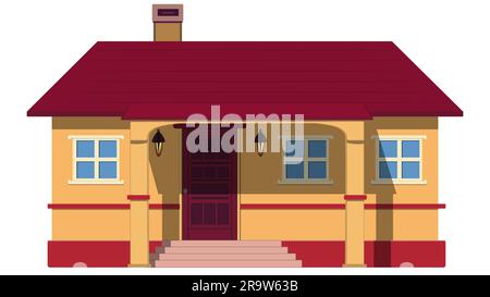 Colored one-story house with porch and canopy isolated on white background. Vector clipart. Stock Vector