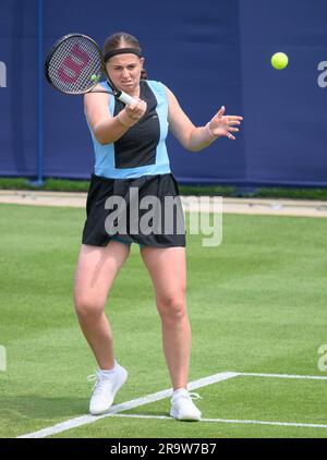 Jelena Ostapenko (LAT) playing on the second day of the Rothesay International, at Devonshire Park, Eastbourne, UK. 27th June 2023. Stock Photo