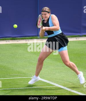 Jelena Ostapenko (LAT) playing on the second day of the Rothesay International, at Devonshire Park, Eastbourne, UK. 27th June 2023. Stock Photo