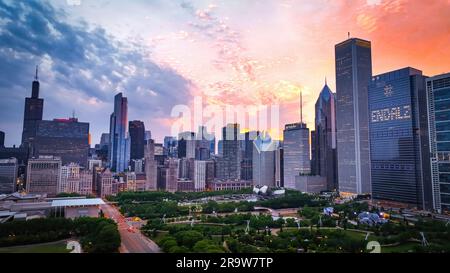 Chicago Downtown skyline at sunset - aerial drone photography - CHICAGO, ILLINOIS - JUNE 06, 2023 Stock Photo