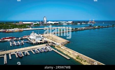 Chicago marina from above - aerial drone photography - CHICAGO, ILLINOIS - JUNE 06, 2023 Stock Photo