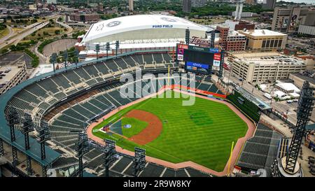 Comerica Park Baseball Field in Detroit - aerial view - aerial drone photography - DETROIT, MICHIGAN - JUNE 11, 2023 Stock Photo