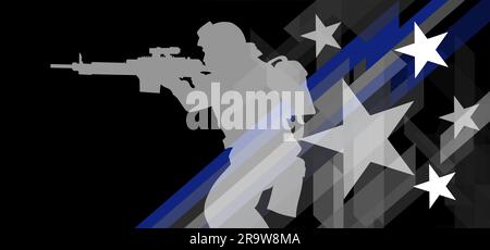 Illustration silhouette of a soldier on the background of a stylized American flag with a thin blue line - a sign to honor and respect American police Stock Vector