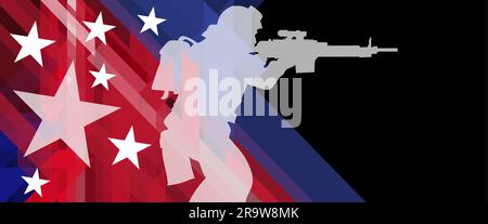 Illustration silhouette of a soldier on the background of a stylized American flag. United States national flag abstract geometric vector banner Stock Vector