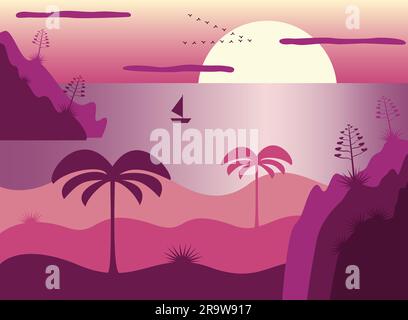 Sea, palm trees, sky and sun in a flat style. Rocks, agaves, a boat and birds flying on the horizon. The pink and violet colors of sunset. Stock Vector