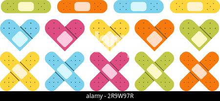 Flat cute set of band aids illustrations with hearts. Medical bandage collection of icons. Stock Vector