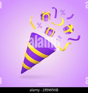 3d Poppers With Flying Serpentine, Ribbons, gift boxes, Percent Symbol. Concept of promotion, discount, sale, gift. Cartoon Style Vector Render Illust Stock Vector