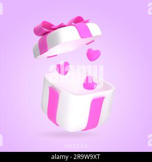 Vector 3d Open Gift Box with Pink Ribbon, Bow and Flying Hearts. For Valentines Day Party, anniversary, romantic events, Wedding, Baby Shower. Plastic Stock Vector