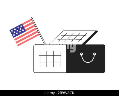 Picnic basket with american flag monochrome flat vector object Stock Vector