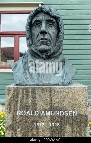 Roald Amundsens a great Norwegian explorer of polar regions, bust stands outside the Polar Museum, Tromso, Norway Stock Photo