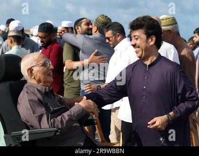 Colombo, Sri Lanka. 29th June, 2023. People greet each other after the Eid al-Adha prayer at Galle Face Green in Colombo, Sri Lanka, on June 29, 2023. Credit: Ajith Perera/Xinhua/Alamy Live News Stock Photo