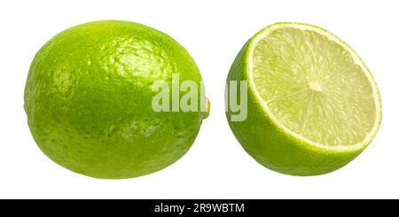 Lime on a white isolated background. Lime halves of different sizes from different sides close-up. Suitable for advertising banner. Stock Photo
