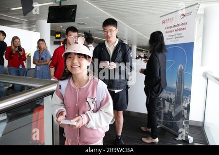 Zaventem, Belgium. 28th June, 2023. Passengers heading for Shenzhen start boarding at Brussels Airport in Zaventem, Belgium, June 28, 2023. A ceremony was held for China's Hainan airlines at Brussels Airport on Wednesday to mark the resumption of its Brussels-Shenzhen direct flights. Credit: Zheng Huansong/Xinhua/Alamy Live News Stock Photo