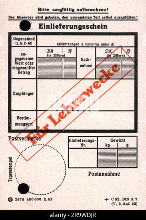 mail, form, German Federal Post Office, certificate of mailing, for training purpose, 1953, ADDITIONAL-RIGHTS-CLEARANCE-INFO-NOT-AVAILABLE Stock Photo