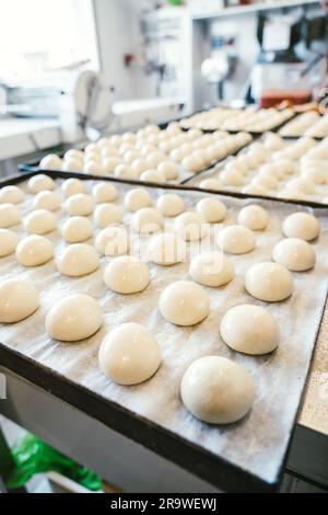 unbaked buns production of traditional sicilian food in an industrial bakery. Stock Photo