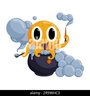 Halloween octopus cooks soup in a cauldron. Yellow octopus cartoon character. Cute vector octopus isolated on white background. Octopus icon. Animal Stock Vector