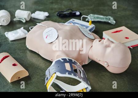 CPR manikin near automated external defibrillator, wound care simulator ...
