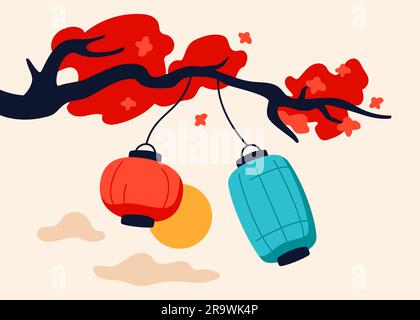 Paper lanterns on a branch - modern colored vector illustration Stock Vector