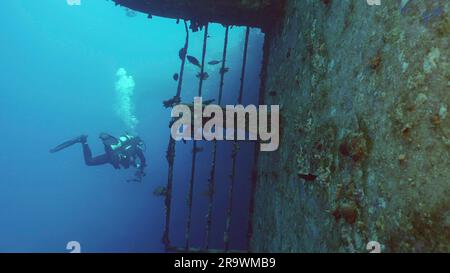 Scuba diver filming deck of ferry Salem Express shipwreck, Red sea, Safaga, Egypt Stock Photo