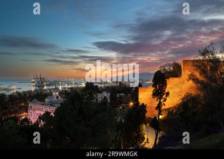 View ont the Alcazaba castle and ont the harbor of Malaga, Spain Stock Photo