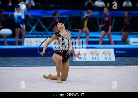 Gold Coast, Australia. 19th May, 2023. Australian Senior International Rhythmic Gymnast from NSW, Karolina Grinko, is performing with a hoop, during 2023 Australian Gymnastics Championships. Day 1 of the Australian Gymnastics Championship 2023, Gold Coast, Australia. Senior International Rhythmic Gymnastics session of the competition. (Photo by Alexander Bogatyrev/SOPA Images/Sipa USA) Credit: Sipa USA/Alamy Live News Stock Photo