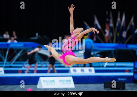 Gold Coast, Australia. 19th May, 2023. Australian Senior International Rhythmic Gymnast from NSW, Karolina Grinko, is flying in a split leap, during 2023 Australian Gymnastics Championships. Day 1 of the Australian Gymnastics Championship 2023, Gold Coast, Australia. Senior International Rhythmic Gymnastics session of the competition. (Photo by Alexander Bogatyrev/SOPA Images/Sipa USA) Credit: Sipa USA/Alamy Live News Stock Photo