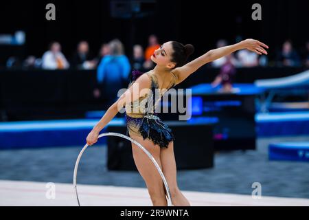 Gold Coast, Australia. 19th May, 2023. Australian Senior International Rhythmic Gymnast from NSW, Asya Seker, is performing with a hoop during 2023 Australian Gymnastics Championships. Day 1 of the Australian Gymnastics Championship 2023, Gold Coast, Australia. Senior International Rhythmic Gymnastics session of the competition. (Photo by Alexander Bogatyrev/SOPA Images/Sipa USA) Credit: Sipa USA/Alamy Live News Stock Photo