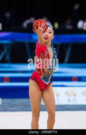 Gold Coast, Australia. 19th May, 2023. Australian Senior International Rhythmic Gymnast from Queensland, Riana Narushima, is looking at the ball during 2023 Australian Gymnastics Championships. Day 1 of the Australian Gymnastics Championship 2023, Gold Coast, Australia. Senior International Rhythmic Gymnastics session of the competition. (Photo by Alexander Bogatyrev/SOPA Images/Sipa USA) Credit: Sipa USA/Alamy Live News Stock Photo