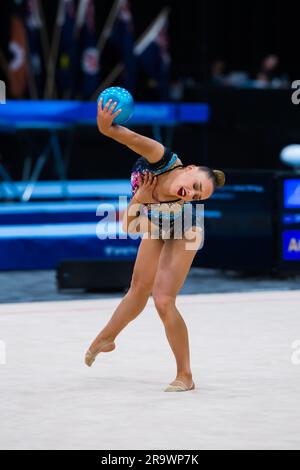 Gold Coast, Australia. 19th May, 2023. Australian Senior International Rhythmic Gymnast representing New South Wales, Alexandra Eedle, competing with a ball during 2023 Australian Gymnastics Championships. Day 1 of the Australian Gymnastics Championship 2023, Gold Coast, Australia. Senior International Rhythmic Gymnastics session of the competition. (Photo by Alexander Bogatyrev/SOPA Images/Sipa USA) Credit: Sipa USA/Alamy Live News Stock Photo