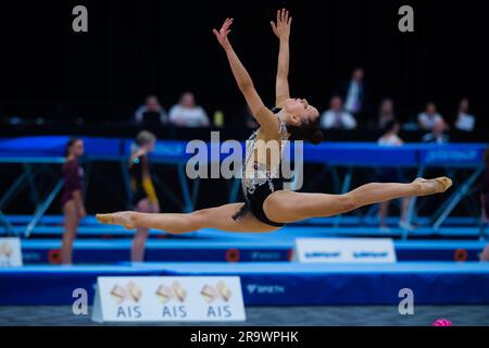 Gold Coast, Australia. 19th May, 2023. Australian Senior International Rhythmic Gymnast from NSW, Karolina Grinko, is flying in a split leap, during 2023 Australian Gymnastics Championships. Day 1 of the Australian Gymnastics Championship 2023, Gold Coast, Australia. Senior International Rhythmic Gymnastics session of the competition. (Photo by Alexander Bogatyrev/SOPA Images/Sipa USA) Credit: Sipa USA/Alamy Live News Stock Photo