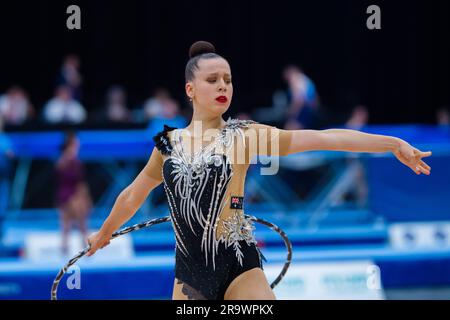 Gold Coast, Australia. 19th May, 2023. Australian Senior International Rhythmic Gymnast from NSW, Karolina Grinko, close up while competing with a hoop, during 2023 Australian Gymnastics Championships. Day 1 of the Australian Gymnastics Championship 2023, Gold Coast, Australia. Senior International Rhythmic Gymnastics session of the competition. (Photo by Alexander Bogatyrev/SOPA Images/Sipa USA) Credit: Sipa USA/Alamy Live News Stock Photo