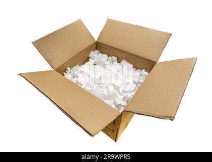Fill packaging peanuts and bubble pack in a cardboard box, isolated on white background Stock Photo