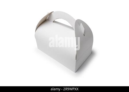 A closed cardboard pastry box isolated on white background. The box can be used to transport cakes and cookies too Stock Photo