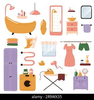 Set of bathroom interior doodle cartoon icons. Bathtub and shower cabin, sink table and mirror, washing laundry machine, care hygiene products Stock Vector