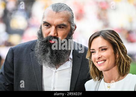 Sebastien CHABAL and Isabelle ITHURBURU during the French championship Top 14 rugby union Final match between Stade Toulousain (Toulouse) and Stade Rochelais (La Rochelle) on June 17, 2023 at Stade de France in Saint-Denis, France - Photo Matthieu Mirville / DPPI Stock Photo