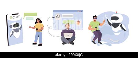 Online communication with chat bot on electronic devices. Chatbot technology, virtual reality and artificial intelligence. Flat characters using ai technology for help, support and answer questions. Stock Vector