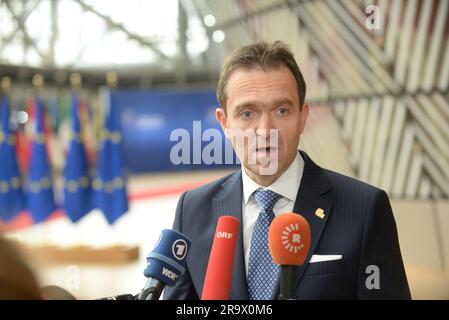 Brussels, Belgium. 29th June, 2023. Slovak Prime Minister Ludovit Odor speaks to journalists during his first European Union summit, in Brussels, Belgium, on June 29, 2023. Credit: Petr Kupec/CTK Photo/Alamy Live News Stock Photo