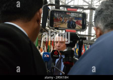 Brussels, Belgium. 29th June, 2023. EU diplomatic chief Josep Borrell speaks to reporters ahead of the European Union summit, on June 29, 2023, in Brussels, Belgium. Credit: Petr Kupec/CTK Photo/Alamy Live News Stock Photo