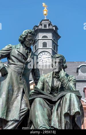 Monument to the Brothers Jakob and Wilhelm Grimm, Brothers Grimm Monument, German Studies, Fairy Tales, double statue made of bronze by Syrius Stock Photo