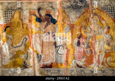 Lepakshi Temple has a colossal painting of Veerabhadra in the central hall, Lepakshi, Andhra Pradesh, India Stock Photo