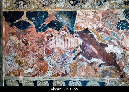 Lepakshi Temple has a colossal painting of Veerabhadra in the central hall, Lepakshi, Andhra Pradesh, India Stock Photo