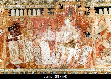 Lepakshi Temple has a colossal painting of Veerabhadra in the central hall, Lepakshi, Andhra Pradesh, India Stock Photo