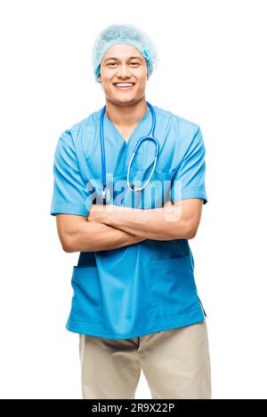 Nurse, portrait and happy man with arms crossed in studio isolated on a white background. Confidence, medical professional and Asian surgeon, doctor Stock Photo