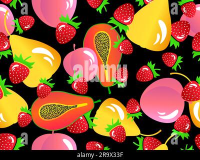 Seamless pattern with papaya, pears and peaches and strawberries on black background. Summer fruit mix with pears, peaches, and papaya with seeds and Stock Vector