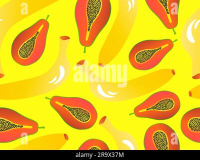 Seamless pattern with bananas and papaya on a yellow background. Summer exotic fruit mix of papaya and bananas. Papaya with seeds. Design for banner, Stock Vector