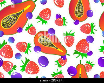 Seamless pattern with papaya, blueberries and strawberries. Summer fruit mix with blueberries, strawberries and papaya. Design of banners and promotio Stock Vector