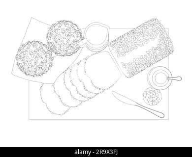 Outline breakfast style drawings. Vector hand drawn set breakfast. Jug of milk, coffee pot, cup, juice, sandwich. Pancakes, toast with jam for design Stock Vector